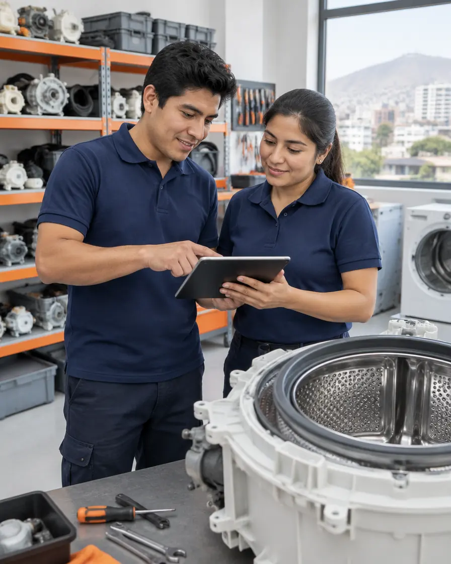 Equipo de técnicos de Electrolima revisando el diagnóstico de una lavadora